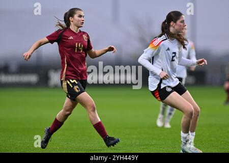 Tubize, Belgique. 09 novembre 2024. Marthe Hens (14 ans) de Belgique photographiée lors d'un match de football entre les équipes nationales féminines de moins de 17 ans d'Allemagne et de Belgique dans la compétition féminine des moins de 17 ans de l'UEFA ronde 1 journée 3 dans le groupe A2 le samedi 9 novembre 2024 à Tubize, Belgique . Crédit : Sportpix/Alamy Live News Banque D'Images