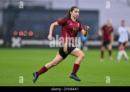 Tubize, Belgique. 09 novembre 2024. Marthe Hens (14 ans) de Belgique photographiée lors d'un match de football entre les équipes nationales féminines de moins de 17 ans d'Allemagne et de Belgique dans la compétition féminine des moins de 17 ans de l'UEFA ronde 1 journée 3 dans le groupe A2 le samedi 9 novembre 2024 à Tubize, Belgique . Crédit : Sportpix/Alamy Live News Banque D'Images