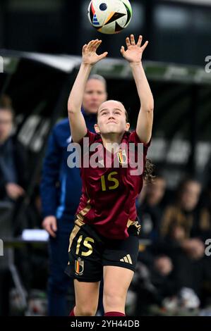 Tubize, Belgique. 09 novembre 2024. Janthe Ruymen (15 ans) de Belgique photographiée lors d'un match de football entre les équipes nationales féminines de moins de 17 ans d'Allemagne et de Belgique dans la compétition féminine des moins de 17 ans de l'UEFA ronde 1 journée 3 dans le groupe A2 le samedi 9 novembre 2024 à Tubize, Belgique . Crédit : Sportpix/Alamy Live News Banque D'Images