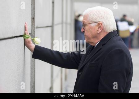 35 Jahre Mauerfall, Zentrale Gedenkveranstaltung an der Gedenkstätte Berliner Mauer, Berlin, 09.11.2024 Frank-Walter Steinmeier Bundespräsident der Bundesrepublik Deutschland steckt eine Rose in die Mauer BEI der zentralen Gedenkveranstaltung an der Gedenkstätte Berliner Mauer zum 35-jährigen Jubiläum des Mauerfalls in Berlin, 09.11.2024 Berlin Innenstadt *** 35e anniversaire de la chute du mur de Berlin, événement commémoratif central au Mémorial de Berlin, Berlin 09 11 2024 Frank Walter Steinmeier Président fédéral de la République fédérale d'Allemagne colle une rose dans le mur au c Banque D'Images