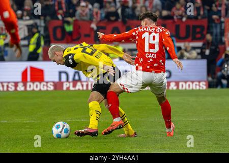 Mainz, Allemagne. 09 novembre 2024. Mayence, Allemagne, 09 novembre 2024 : un duel entre Julian Ryerson (26 Dortmund) et Anthony Caci (19 Mayence) lors du match de football 1.Bundesliga entre 1.FSV Mayence 05 et Borussia Dortmund au MEWA Arena de Mayence, Allemagne Philipp Kresnik (Philipp Kresnik/SPP) crédit : SPP Sport Press photo. /Alamy Live News Banque D'Images