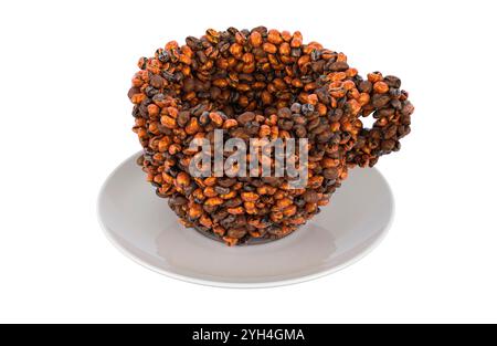 Tasse de café à partir de grains de café torréfiés, rendu 3D isolé sur fond blanc Banque D'Images