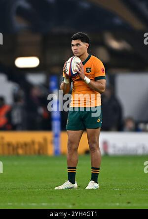 Twickenham, Royaume-Uni. 09 novembre 2024. Autumn International. Angleterre V Australie. Allianz Stadium. Twickenham. Noah Lolesio (Australie) lors du match international de rugby d'automne Angleterre V Australie à l'Allianz Stadium, Londres, Royaume-Uni. Crédit : Sport in Pictures/Alamy Live News Banque D'Images