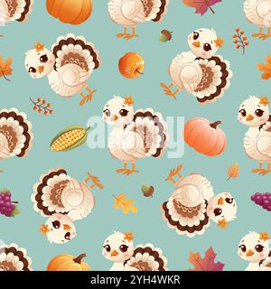 Charmant motif de Thanksgiving sans couture avec de mignonnes dindes de dessin animé, des citrouilles, du maïs, des pommes et des feuilles d'automne Illustration de Vecteur