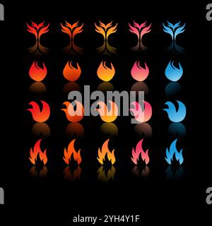 25 icônes de feu avec différents dégradés et formes dans des couleurs allant du rouge, orange, jaune, rose, au bleu pour les éléments de développement de jeu, Graphic Desig Illustration de Vecteur