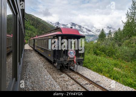 États-Unis, Alaska, Skagway. Historique White Pass et Yukon route chemin de fer à voie étroite, caboose. Banque D'Images