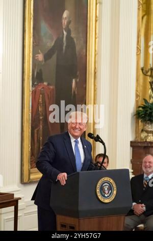 Washington, États-Unis d'Amérique. 25 juin 2019. U. S Président Donald Trump, prononce un discours avant de remettre la médaille d'honneur au sergent d'état-major de l'armée américaine à la retraite David Bellavia, lors d'une cérémonie dans la salle est de la Maison Blanche, le 25 juin 2019 à Washington, DC. Bellavia a reçu le plus grand honneur des Nations pour ses actions au cours de la deuxième bataille de Falloujah. Crédit : Joyce Boghosian/White House photo/Alamy Live News Banque D'Images