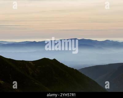 Vues de Kopa Kondracka vers les Tatras slovaques, Slovaquie, révélant de vastes paysages alpins et des sommets lointains Banque D'Images