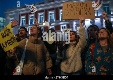 Madrid, Espagne. 10 novembre 2024. Des dizaines de personnes se sont rassemblées à la Puerta del sol à Madrid pour se joindre aux manifestations qui ont été convoquées en Espagne pour ce 9 novembre pour exiger la démission du président de la Generalitat Valenciana, Carlos Mazón, accusé de mauvaise gestion lors de la DANA qui a frappé la région le 29 octobre et qui à ce jour a coûté la vie à plus de 200 personnes. Crédit : D. Canales Carvajal/Alamy Live News Banque D'Images