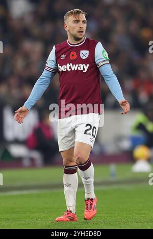 Londres, Royaume-Uni. 09 novembre 2024. L'attaquant de West Ham Jarrod Bowen (20 ans) fait des gestes lors du match de West Ham United FC contre Everton FC English premier League au London Stadium, Londres, Angleterre, Royaume-Uni le 9 novembre 2024 Credit : Every second Media/Alamy Live News Banque D'Images