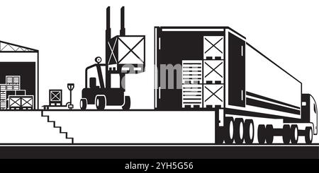 Palettes de chargement de chariot élévateur dans un camion dans un entrepôt - illustration vectorielle Illustration de Vecteur