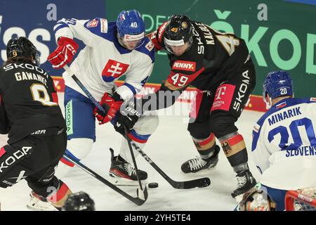 Landshut, Allemagne. 09 novembre 2024. Hockey sur glace : Coupe d'Allemagne, Allemagne - Slovaquie, phase de groupes, jour de match 2. Lukas Kälble d'Allemagne (R) et Milos Roman de Slovaquie en action. Crédit : Daniel Löb/dpa/Alamy Live News Banque D'Images