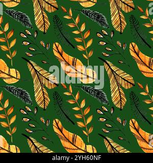 Motif aquarelle sans couture avec des feuilles orange et noires sur le fond vert. Motif de branche d'arbre de Noël. Parfait pour les cartes de vœux Banque D'Images
