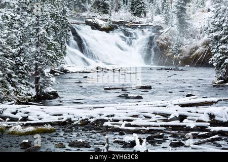 Lewis Falls se déversant sur de petites falaises rocheuses à travers un paysage enneigé. Parc national de Yellowstone, Wyoming Banque D'Images