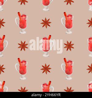Un charmant motif de boissons festives à la cannelle, parfait pour les motifs et les célébrations sur le thème des vacances. Motif sans couture aquarelle pour l'impression sur tissu et papier. Banque D'Images
