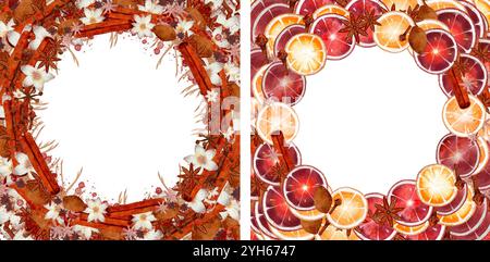 Ces cadres circulaires aux éléments naturels et aux couleurs vives ajoutent beauté et charme pour les occasions festives. Objets isolés sur un fond blanc pour la conception et l'impression diverses. Illustration aquarelle. Banque D'Images