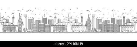 Modèle sans couture avec contour Manama Bahrain City Skyline avec des bâtiments modernes isolés sur blanc. Illustration vectorielle. Paysage urbain de Manama avec Landmark Illustration de Vecteur