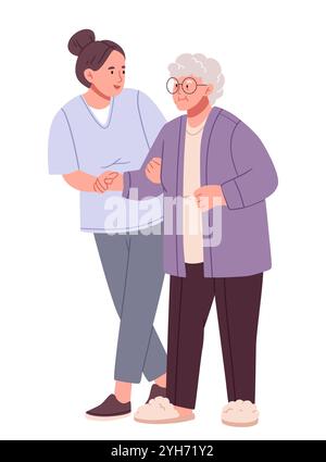 Une infirmière aide une femme âgée à marcher. Services de soins à domicile pour aînés. Infirmière ou bénévole qui s'occupe d'une femme âgée. Illustration de Vecteur