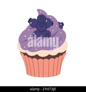 Cupcake au chocolat aux myrtilles et à la crème vanille. Cupcake au chocolat avec myrtille, crème bleue, saupoudrés de sucre dans du papier cupcake. Mignonne crème berrie Illustration de Vecteur