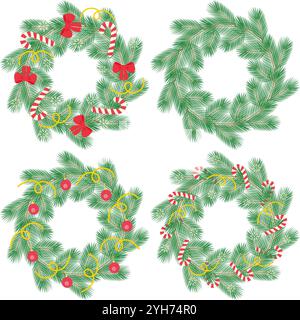 Brindilles persistantes de Noël ou du nouvel an couronnes festives décorées et non. Cadres ronds ensemble 4 modèle. Illustration vectorielle isolée cartes de vœux, affiche, flyer, dépliant, bannière, étiquette ou web, promo Illustration de Vecteur