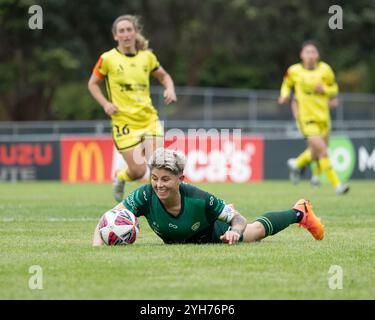 Porirua, Wellington, Nouvelle-Zélande. 20 mars 2024. La capitaine de Canberra Michelle Heyman sourit après avoir glissé avec le ballon. Wellington Phoenix contre Canberra United. Ninja A-League Women. Porirua Park. Porirua. Wellington. Nouvelle-Zélande. Canberra United gagne 1-0 (HT 1-0). (Joe Serci/SPP) crédit : SPP Sport Press photo. /Alamy Live News Banque D'Images