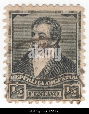 ARGENTINE - 1896 mars : timbre-poste en ardoise ½ centavo représentant un portrait de Rivadavia (1780-1845). Bernardino de la Trinidad Gonzalez Rivadavia, premier président de l'Argentine, a alors appelé les provinces-Unies de la Río de la Plata, du 8 février 1826 au 27 juin 1827. Il a fait ses études au Royal College de San Carlos, mais est parti sans avoir terminé ses études. Pendant les invasions britanniques, il sert comme troisième lieutenant des Volontaires de Galice. Il participe au Cabildo ouvert le 22 mai 1810 en votant pour la déposition du vice-roi Banque D'Images