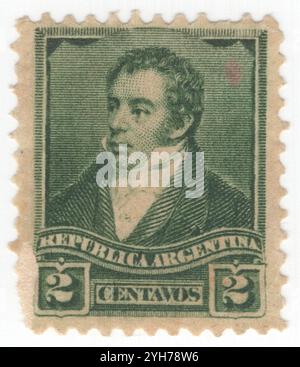 ARGENTINE - 1896 mars 21 : 2 timbres centavo jaune-vert représentant un portrait de Rivadavia (1780-1845). Bernardino de la Trinidad Gonzalez Rivadavia, premier président de l'Argentine, a alors appelé les provinces-Unies de la Río de la Plata, du 8 février 1826 au 27 juin 1827. Il a fait ses études au Royal College de San Carlos, mais est parti sans avoir terminé ses études. Pendant les invasions britanniques, il sert comme troisième lieutenant des Volontaires de Galice. Il participe au Cabildo ouvert le 22 mai 1810 en votant pour la déposition du vice-roi Banque D'Images