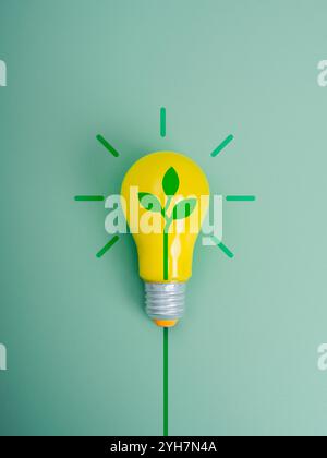 Entreprise verte, idée créative, inspiration, connaissance de l'éducation et de l'apprentissage, concept d'innovation environnementale. Graphique de feuille sur lightbul électrique jaune Banque D'Images