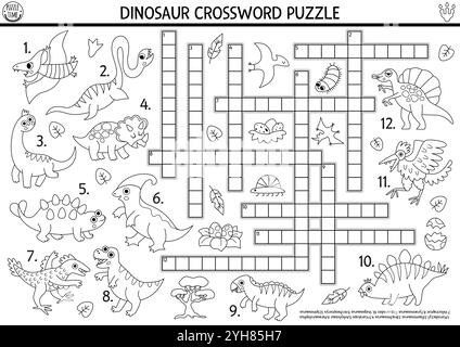 Puzzle de mots croisés noir et blanc de vecteur pour les enfants avec des noms de dinosaures. Quiz de ligne pour les enfants. Activité éducative avec T-rex, tricératops, stegosaur. Illustration de Vecteur