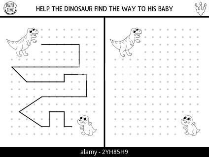 Dinosaure noir et blanc dessin, écriture, traçage, activité d'orientation de l'espace pour les enfants. Tracez des lignes en suivant l'exemple. Préscolaire préhistorique imprimable Illustration de Vecteur