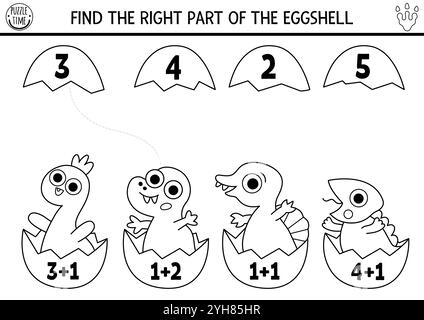 Noir et blanc comptage et jeu assorti avec des bébés dinosaures dans des œufs et des coquilles. Activité supplémentaire de maths Dino pour les enfants d'âge préscolaire. Ligne préhistorique pr Illustration de Vecteur