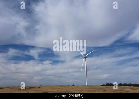 Production d'énergie renouvelable en Afrique du Sud Une éolienne sur le parc éolien Darling à l'extérieur du Cap, Afrique du Sud, 8 novembre 2024. Le paysage des énergies renouvelables en Afrique du Sud a connu des développements majeurs récemment, avec des initiatives visant à réduire sa forte dépendance au charbon, qui fournit actuellement plus de 70 % de l électricité du pays. Le gouvernement a approuvé un plan d’investissement pour une transition énergétique juste JET IP, qui définit une stratégie quinquennale pour accroître la capacité d’énergie renouvelable, l’hydrogène vert et les industries des véhicules électriques. Cette transition devrait faciliter la croissance économique Banque D'Images