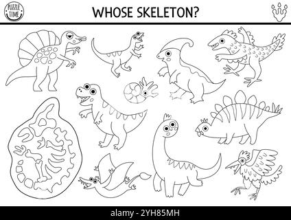 Dinosaure noir et blanc assorti activité avec animaux mignons et squelette de tricératops. Puzzle de ligne préhistorique avec T-rex. Faites correspondre et entourez les os Illustration de Vecteur