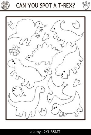 Dinosaure noir et blanc I Spy jeu pour les enfants. Activité de ligne de recherche et de reconnaissance de forme avec T-rex, stégosaure, tricératops. Préhistorique imprimable Illustration de Vecteur