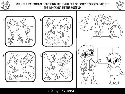 Dinosaure noir et blanc assorti et activité logique. Assemblez le puzzle des os de dinosaure. Associez les pièces et la feuille de travail imprimable de l'objet entier. Paleonto Illustration de Vecteur