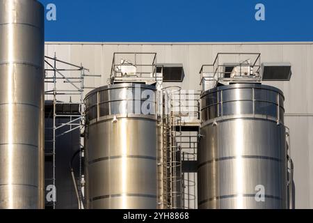 Les grands silos métalliques et les équipements industriels se dressent face à un ciel bleu vif, mettant en valeur les capacités de traitement modernes Banque D'Images