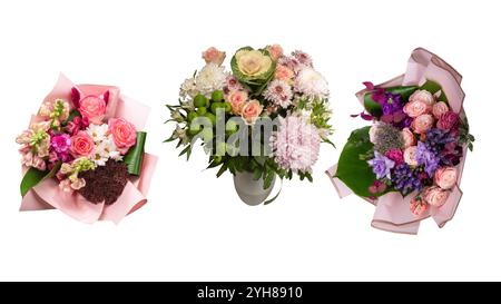 Bouquet de fleurs roses tendres en papier d'emballage rose. Banque D'Images