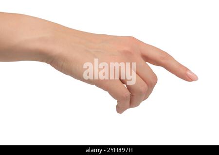 Main de femme montre le doigt numéro un isolé sur un fond blanc. Banque D'Images