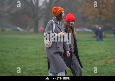 Londres, Royaume-Uni. 10 novembre 2024 femmes marchant sur Wimbledon Common, au sud-ouest de Londres dans un temps sombre couvert en raison de conditions anticycloniques sans soleil à Londres qui devrait durer plusieurs jours. Crédit. Amer Ghazzal/Alamy Live News Banque D'Images