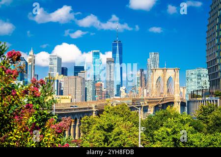 Vue épique de New York City et du pont de Brooklyn depuis Brooklyn, États-Unis d'Amérique Banque D'Images