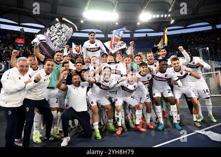 Rome, Italie. 10 novembre 2024. Les joueurs de Bologne célèbrent à la fin du match de Serie A entre L'AS Roma et le Bologna FC au stade Olimpico à Rome (Italie), le 10 novembre 2024. Crédit : Insidefoto di andrea staccioli/Alamy Live News Banque D'Images