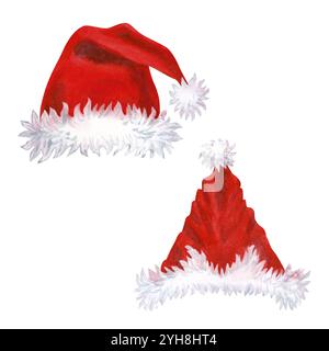 Chapeaux rouges vifs avec fourrure blanche du Père Noël en illustration aquarelle. Deux modèles de Noël pour cartes de voeux, bordures, bannières, scrapbook, tex Banque D'Images