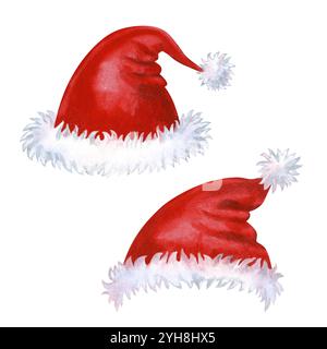 Chapeaux rouges vifs avec fourrure blanche du Père Noël en illustration aquarelle. Deux modèles de Noël pour cartes de voeux, bordures, bannières, scrapbook, tex Banque D'Images