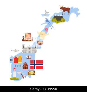 Voyage à Norvège set, éléments culturels et monuments, nourriture dans la carte infographique. Cathédrale de Nidaros et urnes Stave Church, maisons traditionnelles de Bergen, drapeau norvégien, illustration vectorielle de dessin animé d'élan Illustration de Vecteur