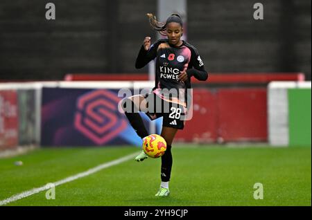 Dagenham, Royaume-Uni. 10 novembre 2024. Super League pour femme. West Ham V Leicester City. Chigwell construction Stadium. Dagenham. Shana Chossenotte (Leicester City) lors du match de Super League Womens Barclays West Ham V Leicester City au Chigwell construction Stadium, Dagenham. Crédit : Sport in Pictures/Alamy Live News Banque D'Images