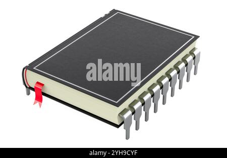 Livre avec puce électronique intégrée. Éducation INFORMATIQUE, concept. Rendu 3D isolé sur fond blanc Banque D'Images