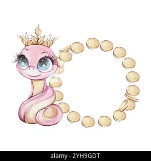 Adorable Cartoon Snake Princess avec une charmante couronne entourée d'un cercle cadre de pièces de monnaie. Symbole richesse de Chines nouvel an 2025 dans mignon Illustration de Vecteur