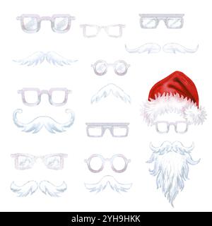 Barbe blanche luxuriante, moustache, verres de Père Noël isolés sur fond gris. Ensemble d'illustrations aquarelles. Modèle de Noël pour cartes de voeux Banque D'Images