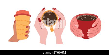 Tasses à café dans les mains vecteur ensemble plat Illustration de Vecteur