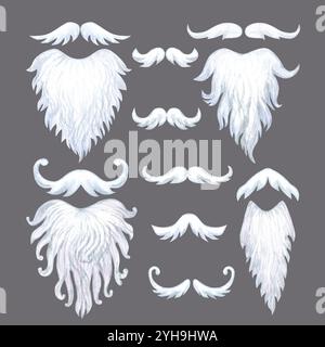 Barbe blanche luxuriante et moustache du Père Noël isolé sur fond gris. Ensemble d'illustrations aquarelles. Modèle de Noël pour cartes de voeux, bord Banque D'Images